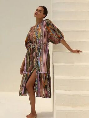 Ro’s Garden Flirty Midi Dress Mixed Media Southwestern Puff Sleeve Women’s M